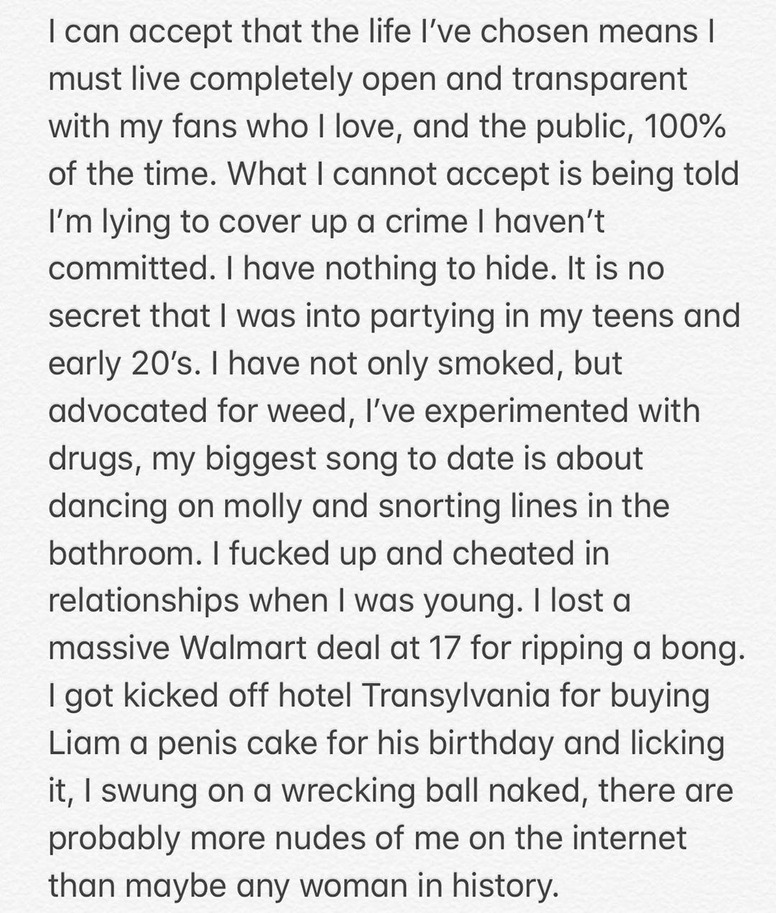 Miley Cyrus, Instagram Statement