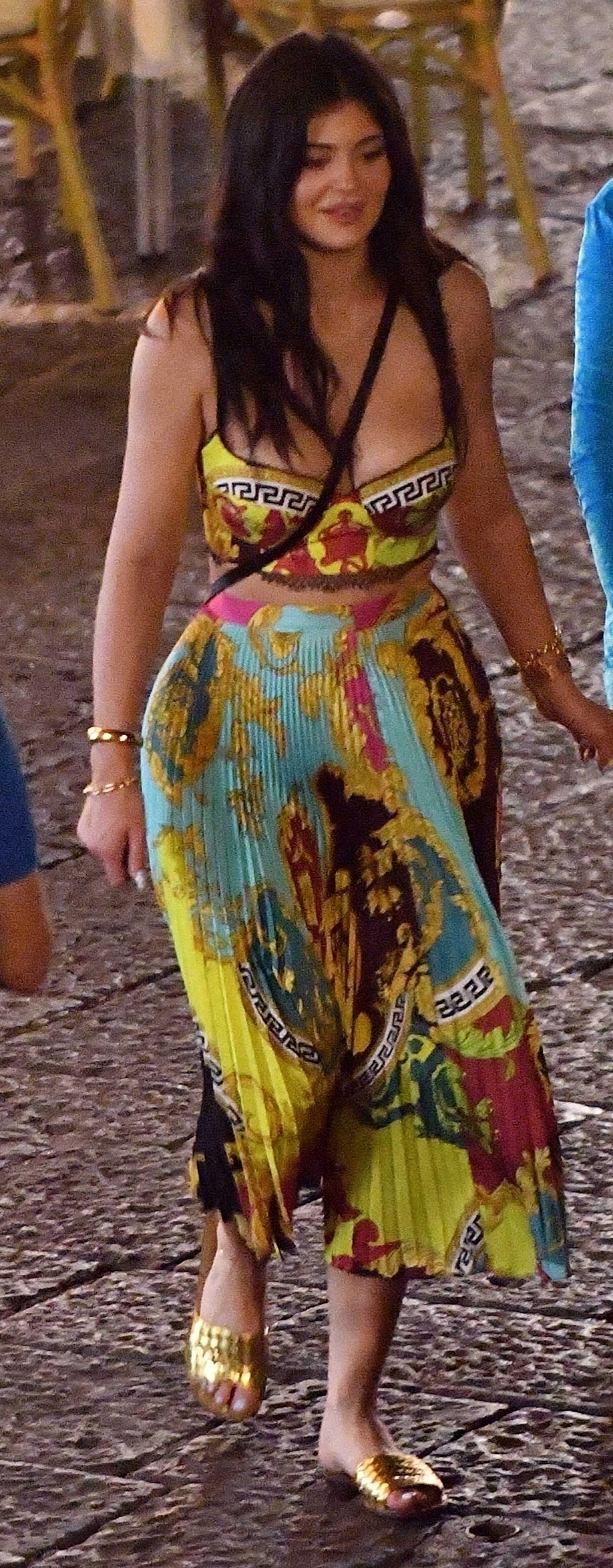 Kylie Jenner Versace Outfit and Gold Bottega Veneta Sandals