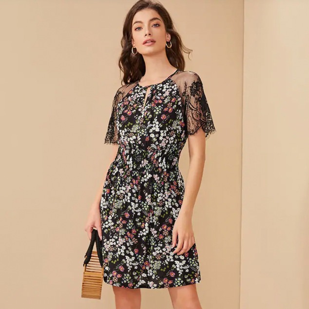 Ecomm: Fall Florals, Contrast Lace Sleeve Ditsy Floral Print Shirred Dress