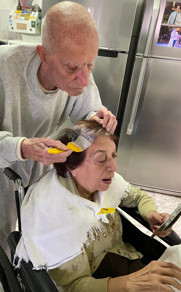 Elderly husband colors wife's hair so she feel well groomed