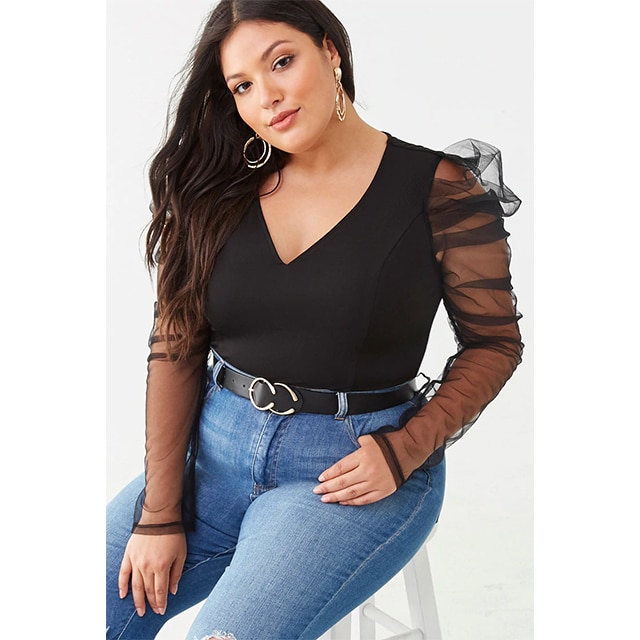 Plus size mesh puff sleeve top new arrivals