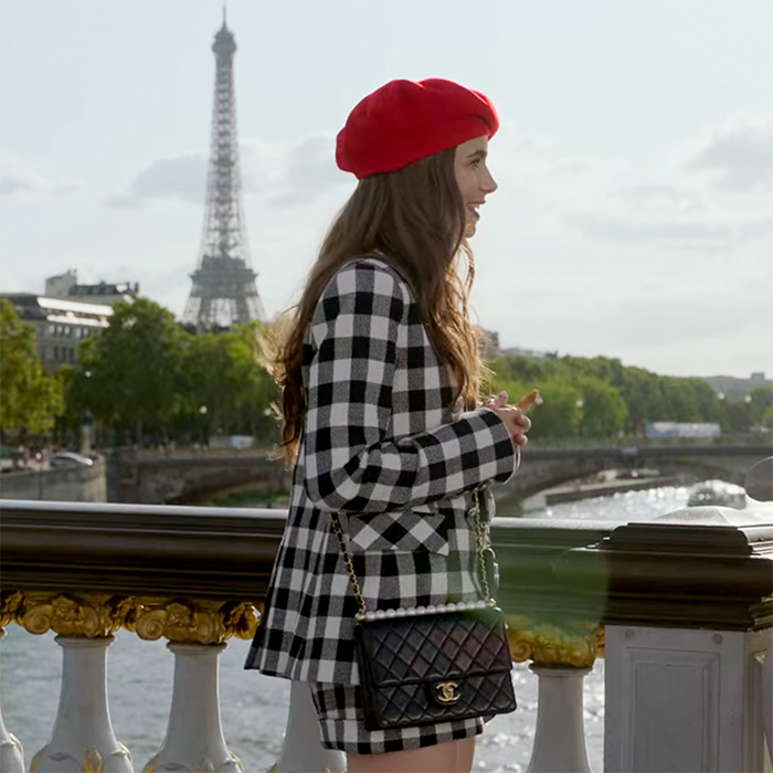 Lily Collins Films Emily in Paris Wearing PrettyLittleThing