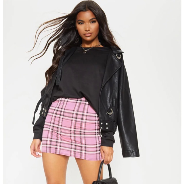 Leather jacket with plaid hotsell mini skirt