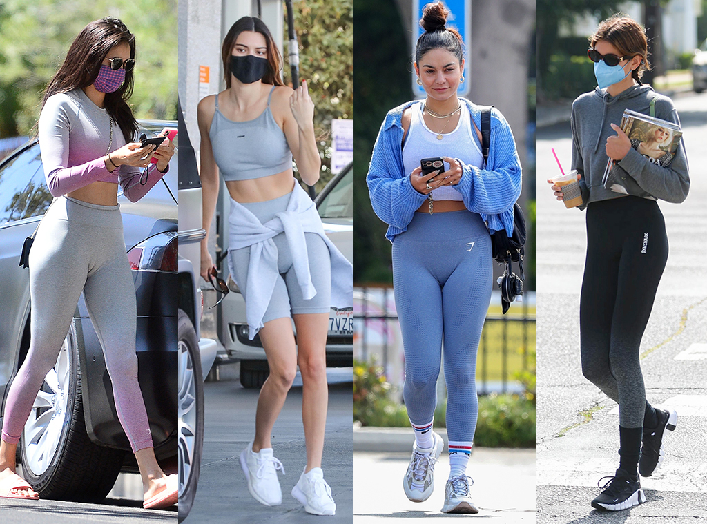 Sara Sampaio looks sporty in a crop top and navy leggings as she