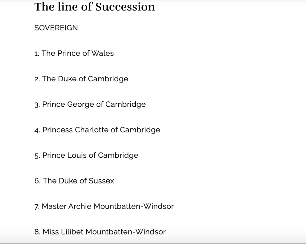 Lilibet Diana Mountbatten-Windsor finally added to the Royal Line of succession website