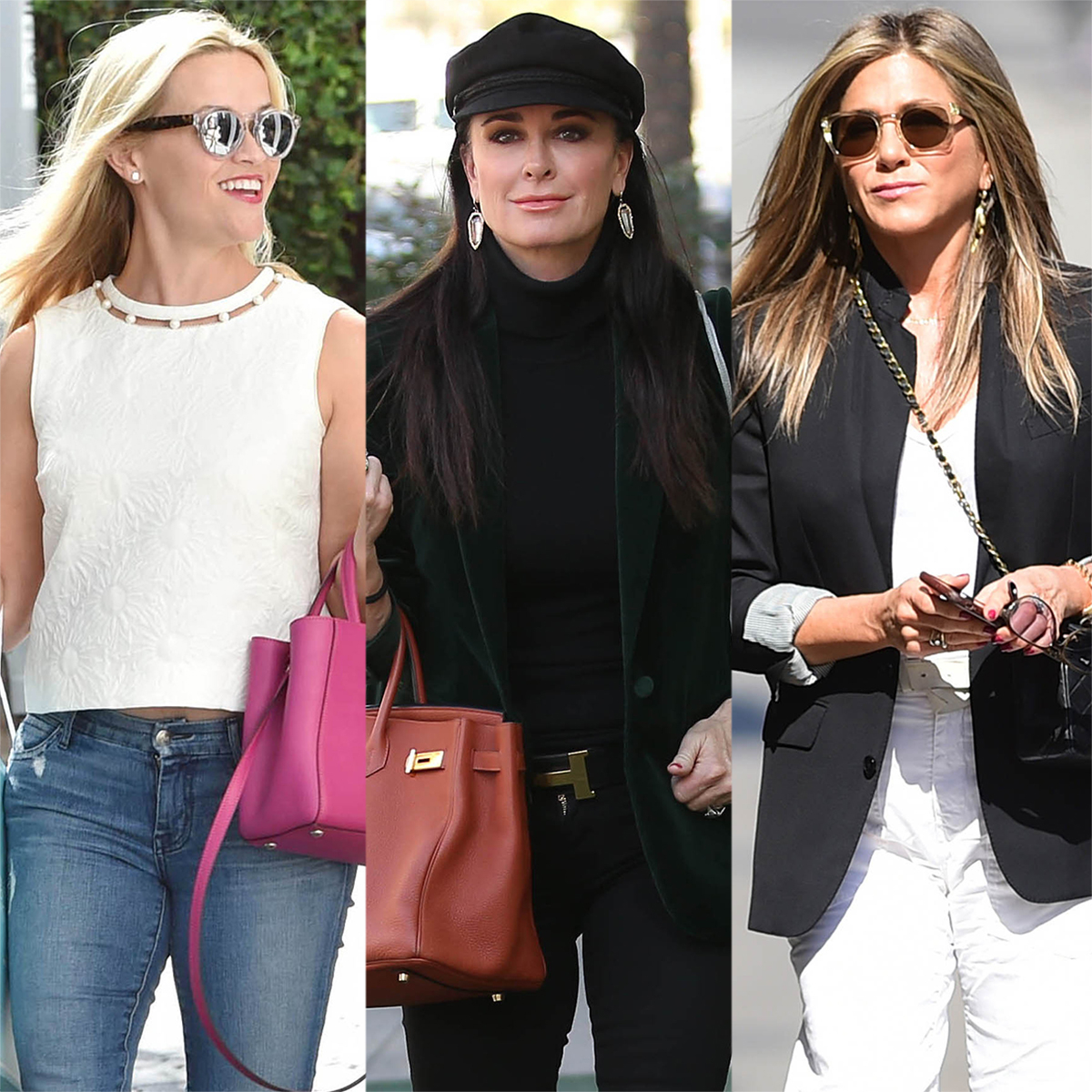 Who made Jennifer Aniston's black turtleneck top, leather handbag
