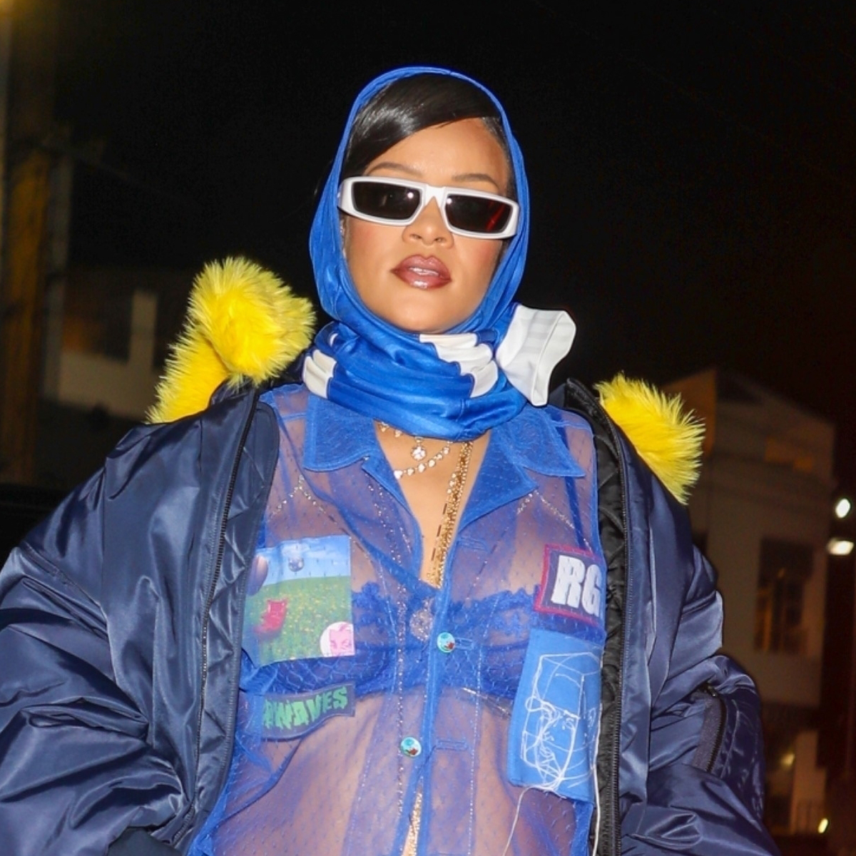 Rihanna Spotted at Giorgio Baldi in Santa Monica Wearing Vintage Pink and  Blue Chanel Fall 1996 Coat, Maisie Wilen Blue Terrycloth Tie Wrap Cardigan  and Pants Set, Vintage Dior by John Galliano