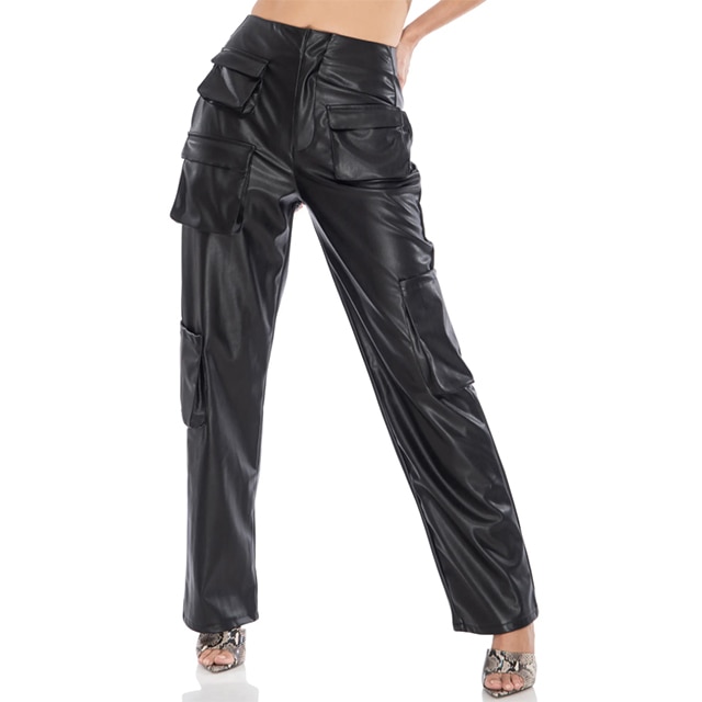 Girls black faux leather cargo trousers