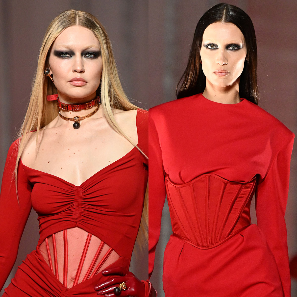 Bella Hadid wears a creation as part of the Versace Fall/Winter 2022-2023  fashion collection, unveiled during the Fashion Week in Milan, Italy,  Friday, Feb. 25, 2022. (AP Photo/Antonio Calanni Stock Photo - Alamy