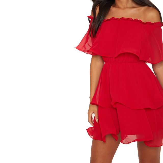 Red Chiffon Bardot Ruffle Tiered Dress