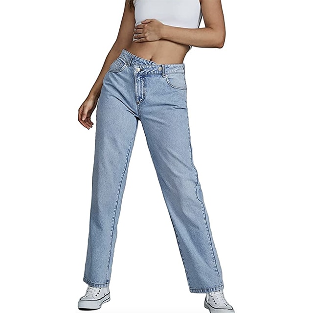 Fisoew Women's Cropped Capris Jeans High Waisted Baggy Denim Pants with  Front Pockets Light Blue at  Women's Jeans store