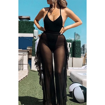 Clothing Plus Size See Through Cover Up Pants Dress Black Bathing