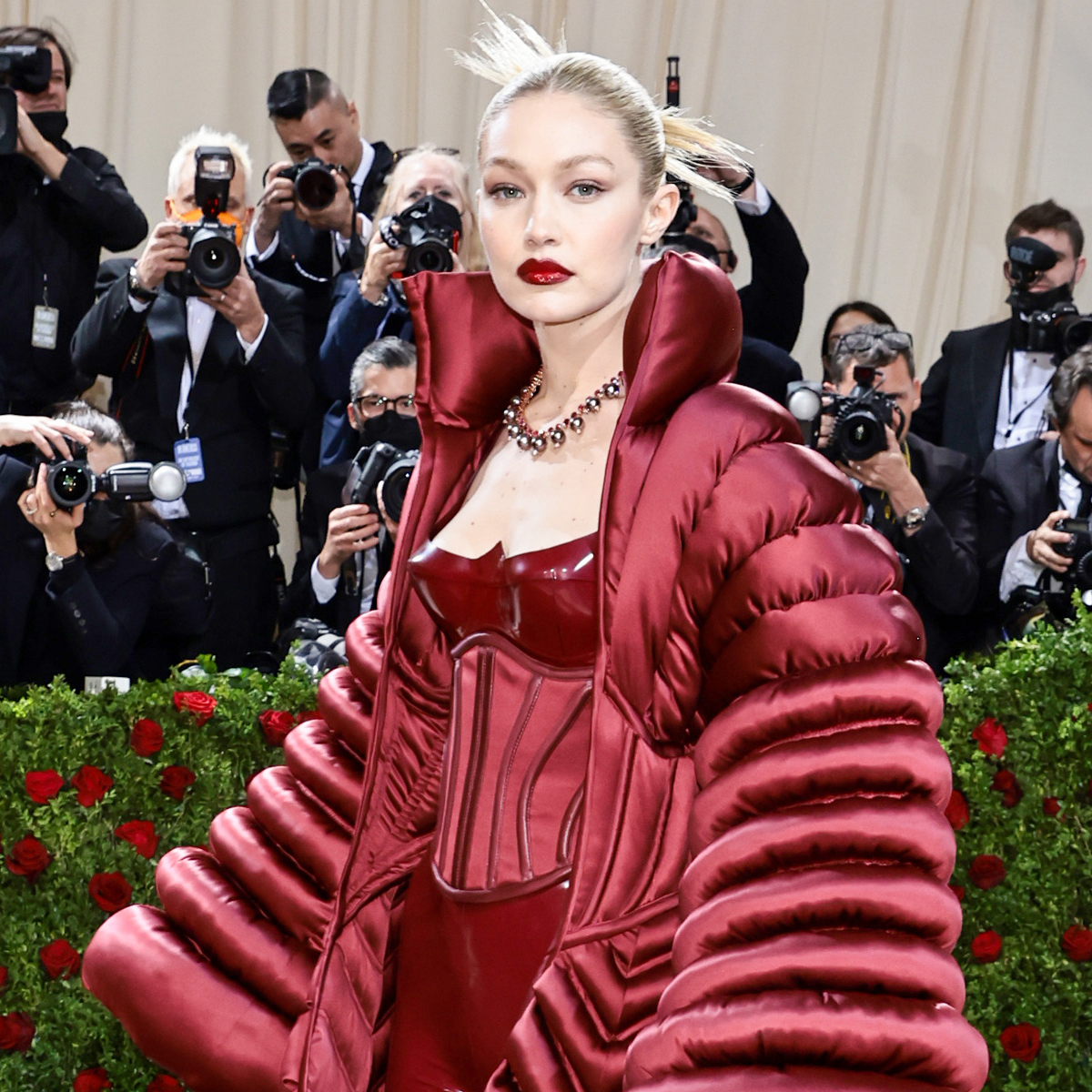 Gigi Hadid Wore a Bold Red Leather Catsuit and Corset to the 2022