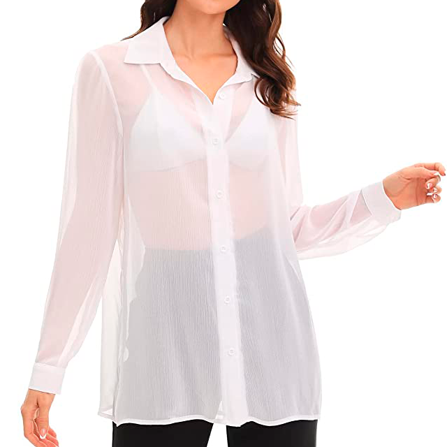 Floerns Women's Button Front Long Sleeve Mesh Shirt See Through Sheer  Blouse Tops