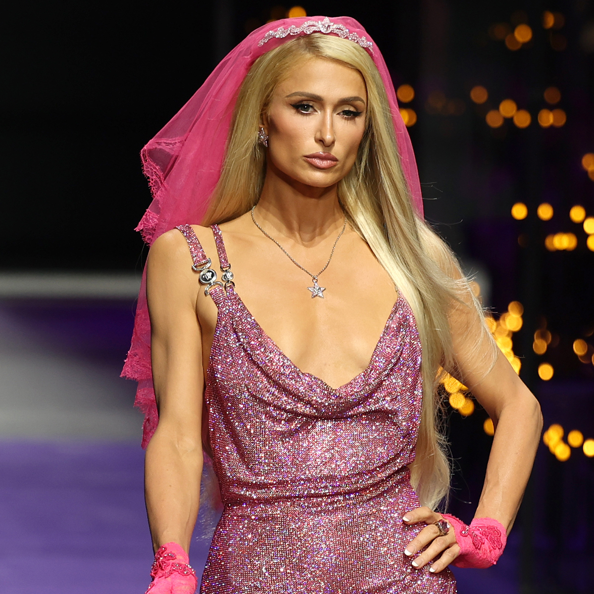 Paris Hilton Walks the Versace Runway in Her Signature Pink