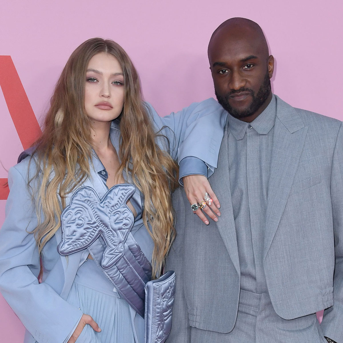Gigi Hadid wearing dress by Off-White and Virgil Abloh attend 2019