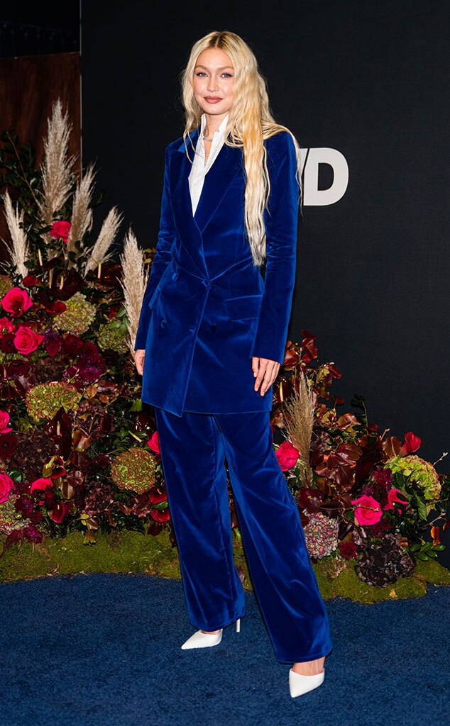 Gigi Hadid Suits Up In Blue Menswear Look To Honor Tommy Hilfiger