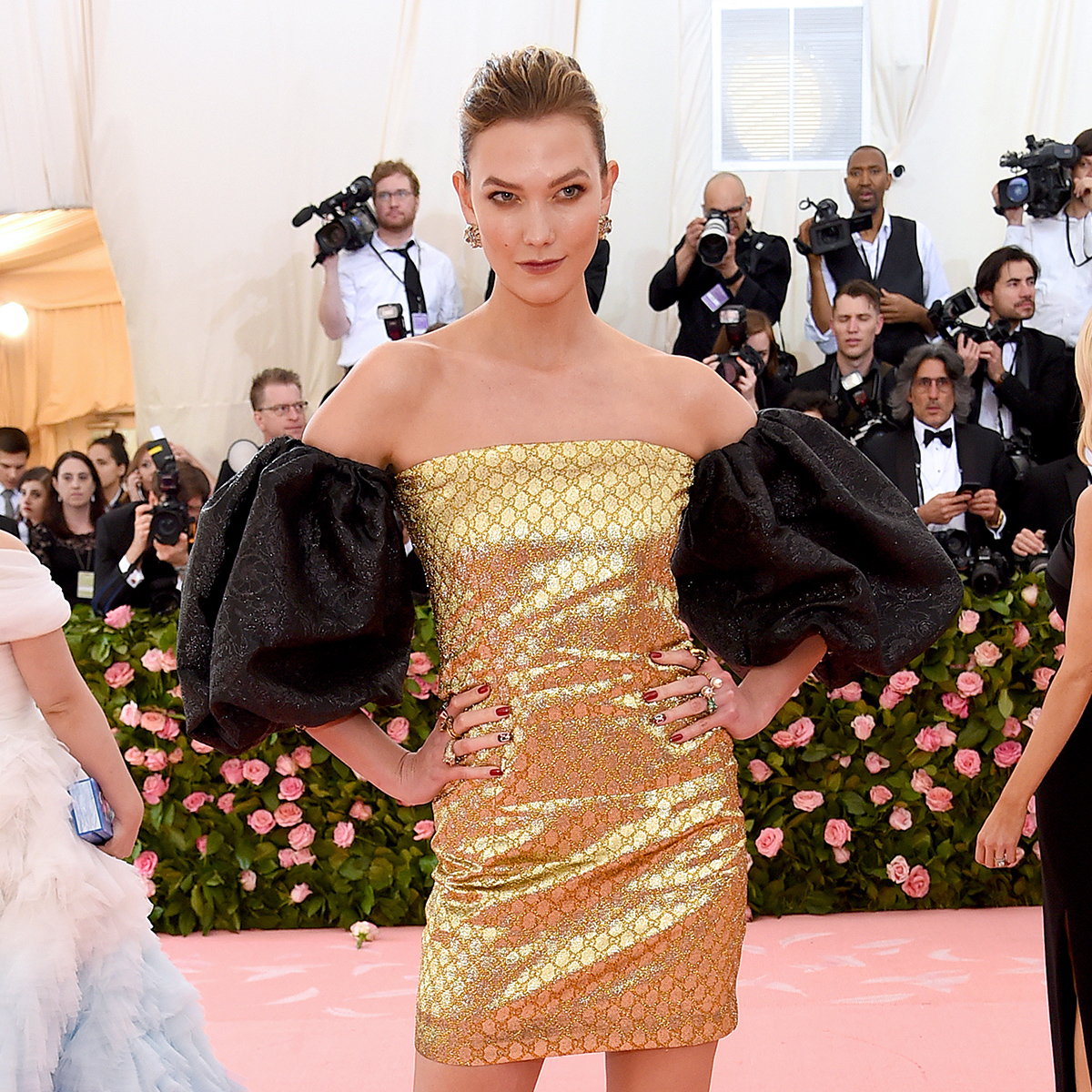 karlie kloss gold dress Ivy Satin Off The Shoulder Mini Dress Black / M main image 1