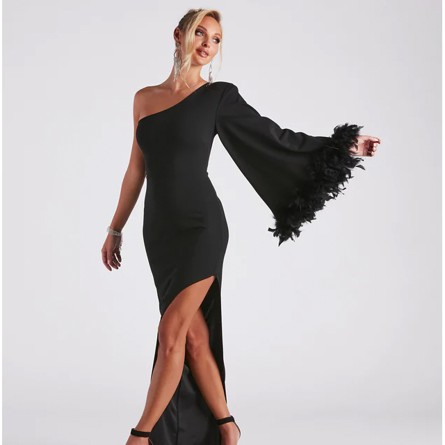 slim fit dress slacks Mandi Scarf-Detail Strapless Gown in Black main image 1