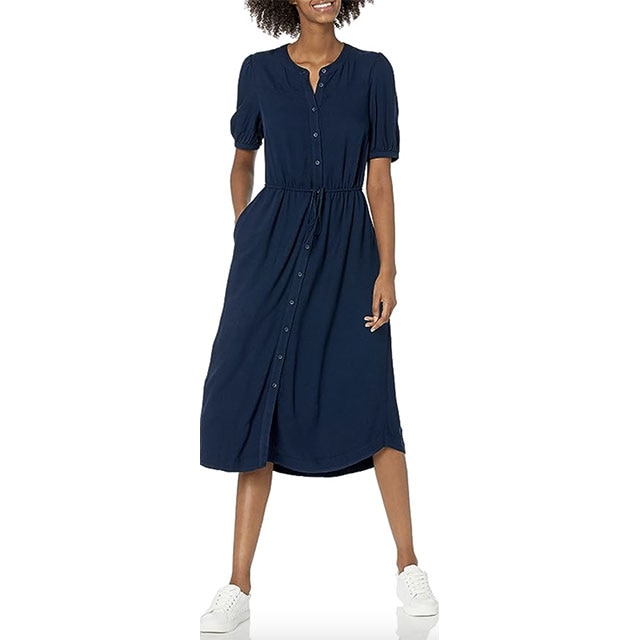 Essentials Women's Fluid Twill Tiered Fit and Flare Dress