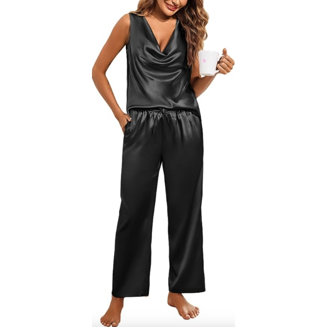 SWOMOG Womens Silk Satin Pajamas Set Two-Piece Pj Sets Cami Top and Capris  Pants Sleepwear A-black at  Women's Clothing store