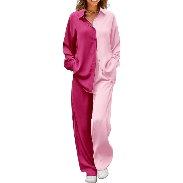 SWOMOG Women's 7 Pcs Silk Satin Pajamas Set Long Sleeve Button Down  Sleepwear Cami Shorts Pjs Set with Eye Mask