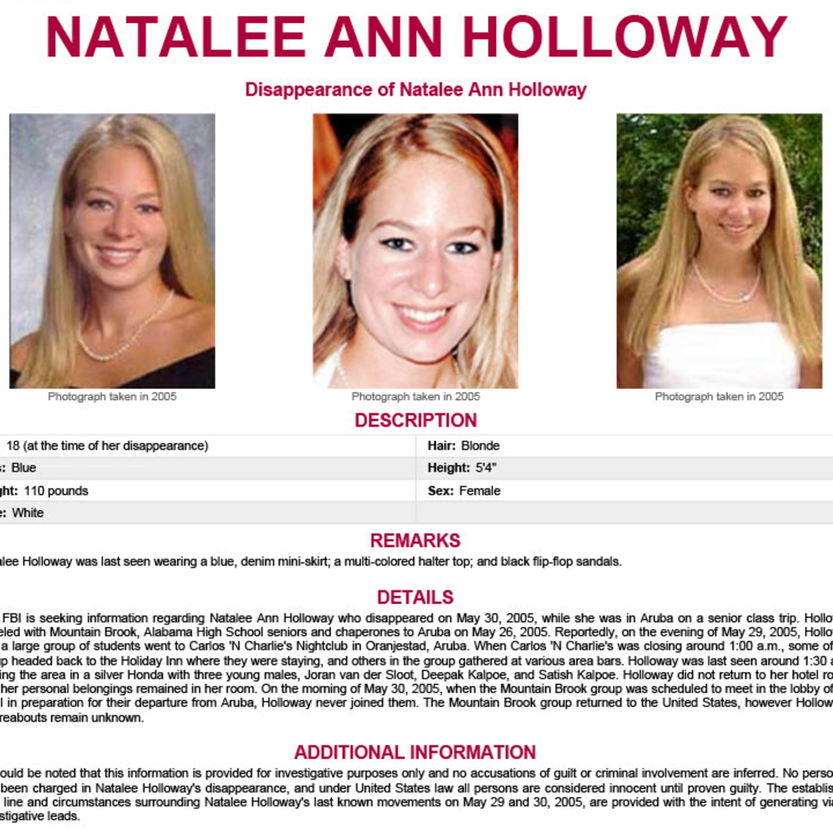 Natalee Holloway Missing Poster, FBI