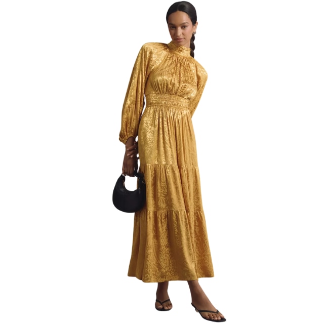 gold anthropologie dress Anthropologie Dress Large Womens Yellow Maxi Halter Neck Gold Chiffon Belted