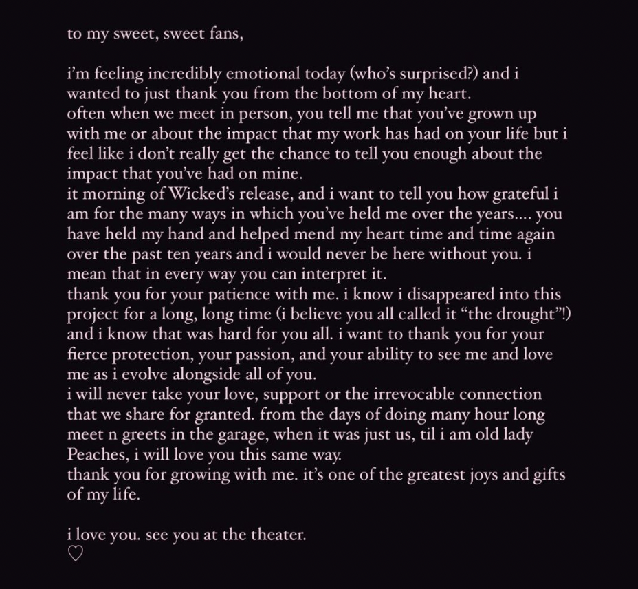 Ariana Grande Thanks Fans on 'Wicked' Premiere Day, Instagram Stories