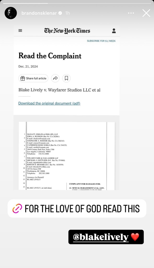 Brandon Sklenar, Blake Lively Support Instagram Story