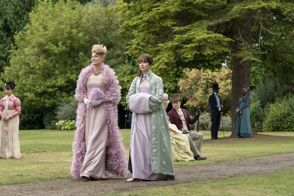 Bridgerton Season 3 still, book to screen, Cressida Cowper, Jessica Madsen, Eloise Bridgerton, Claudia Jessie