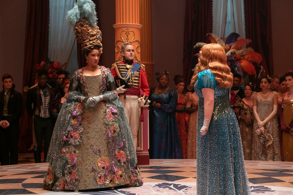 Bridgerton Season 3 still, book to screen, Queen Charlotte, Golda Rosheuvel, Penelope Featherington, Nicola Coughlan