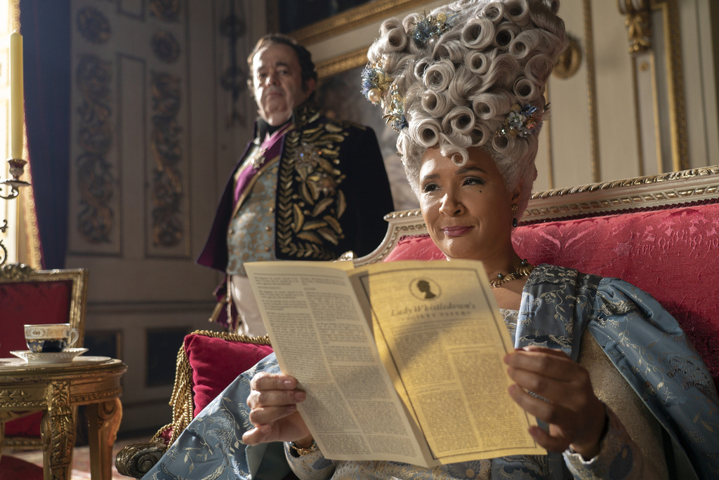 Bridgerton Season 3 still, book to screen, Queen Charlotte, Golda Rosheuvel