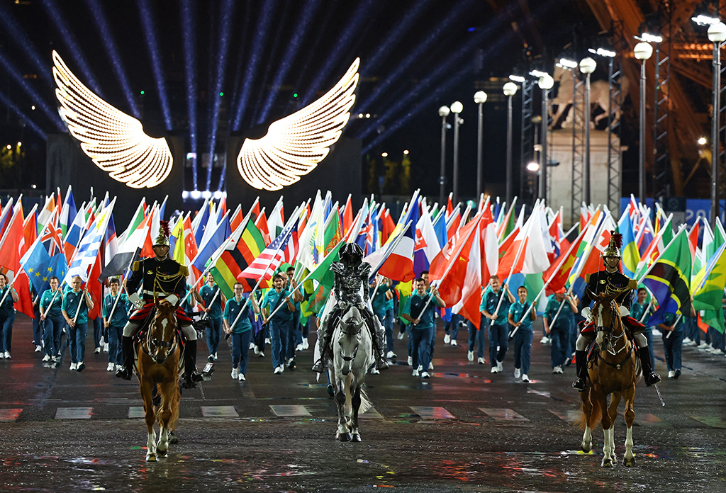 2024 Paris Olympics, opening ceremony, flags, Eiffel Tower