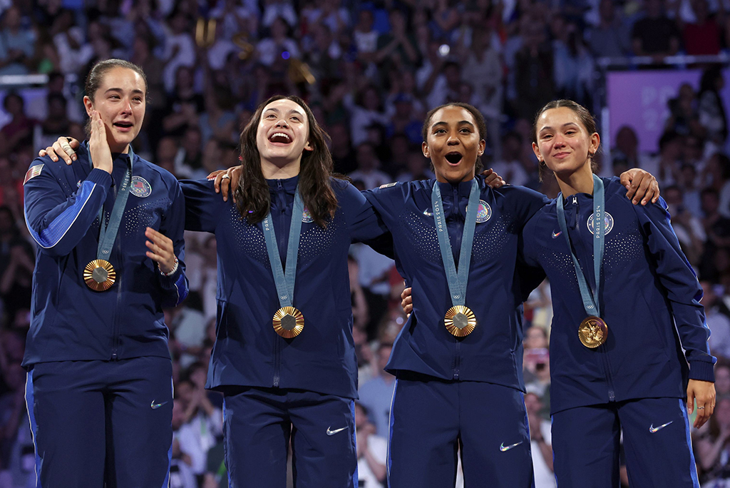 2024 Paris Olympics, Team USA, gold medal winners, Jacqueline Dubrovich, Maia Weintraub, Lauren Scruggs, Lee Kiefer, Fencing