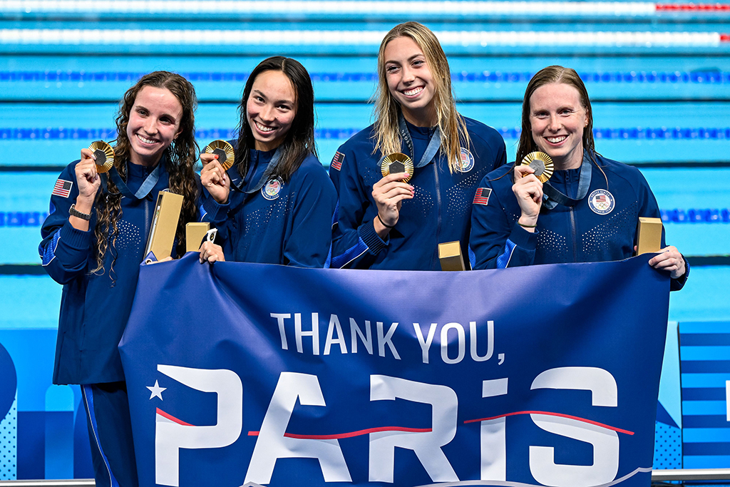 Regan Smith, Lilly King, Gretchen Walsh, Torri Huske, 2024 Paris Olympics, gold medal, swimming, Team USA