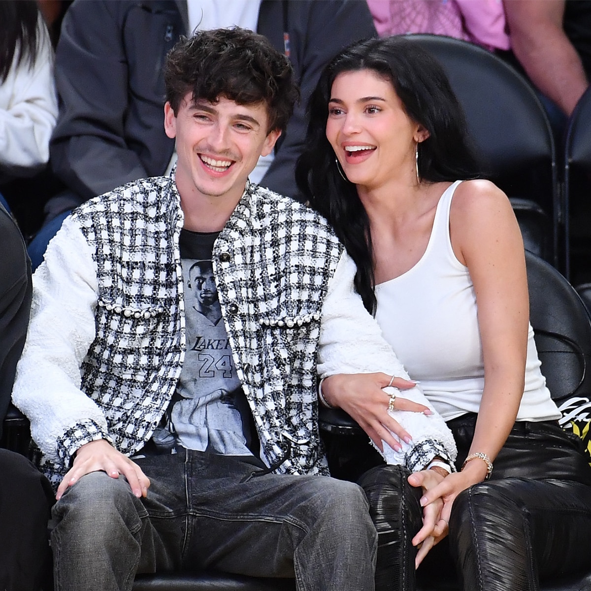 Timothée Chalamet and Kylie Jenner attend a basketball game between the Los Angeles Lakers and the Minnesota Timberwolves
