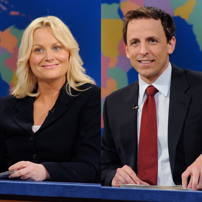 Seth Meyers and Amy Poehler host Weekend Update on Saturday Night Live.