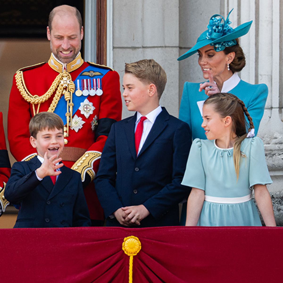 Queen Camilla, King Charles III, Prince Louis of Wales, Prince William, Prince of Wales, Prince George of Wales, Catherine, Princess of Wales and Princess Charlotte of Wales Attend Trooping The Colour