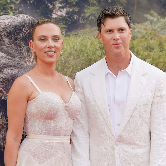 Scarlett Johansson and Colin Jost arrive at Jurassic World: Rebirth New York premiere red carpet