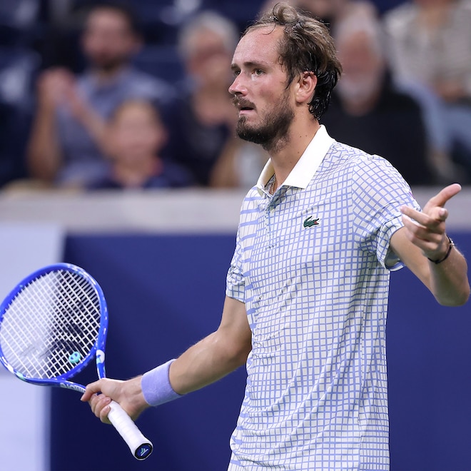 Daniil Medvedev reacts against Benjamin Bonzi of France during their Singles First Round match on Day One of the 2025 US Open