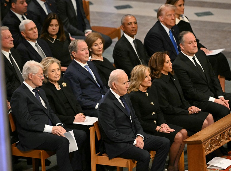 Joe Biden, Jill Biden, Kamala Harris, Doug Emhoff, Bill Clinton, Hillary Clinton, George W. Bush, Obama, Trump, Jimmy Carter funeral