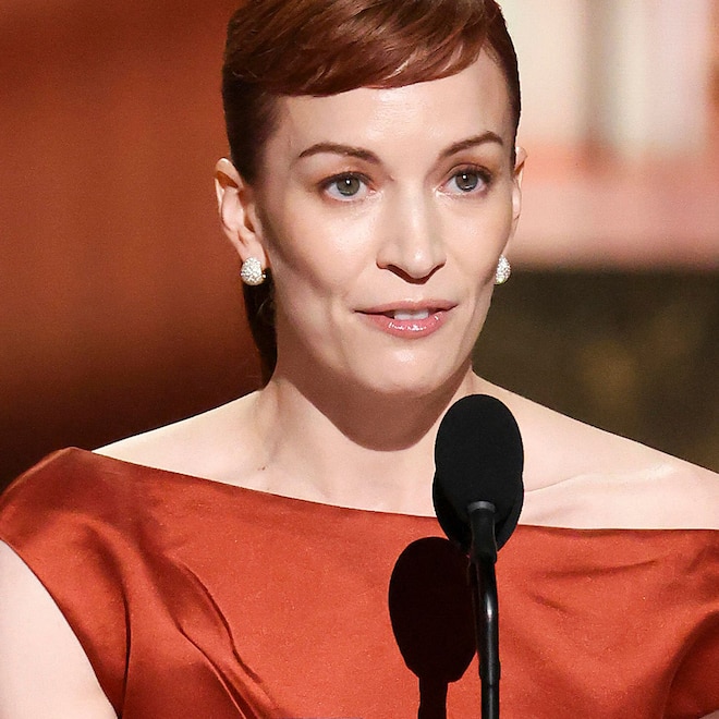 Britt Lower at Emmys 2025 holding let me out note