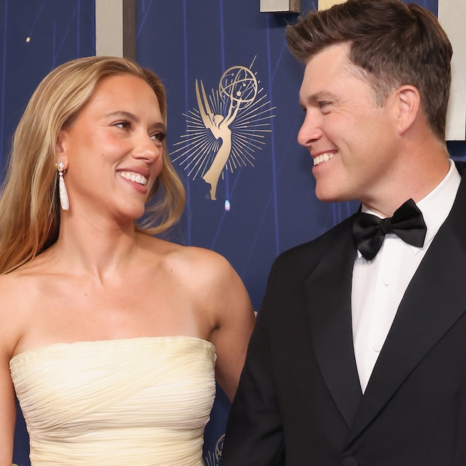 Scarlett Johansson and Colin Jost arrive at the Emmys 2025 in Los Angeles Sept. 14.