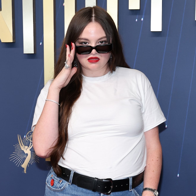 Megan Stalter arrives at the Emmys 2025 red carpet