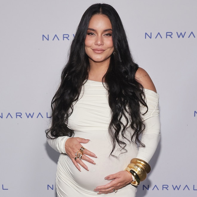 Vanessa Hudgens shows off her baby bump at a Narwal event.