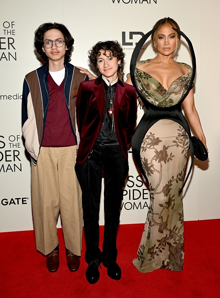 Jennifer Lopez arrives on the red carpet of the New York City premiere of Kiss of the Spider Woman alongside her kids Max and Emme.