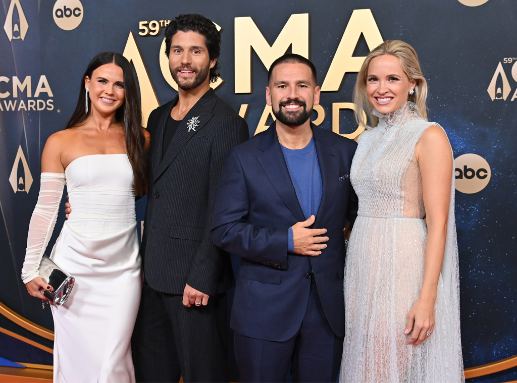 Shay Mooney, Hannah Mooney, Dan Smyers and Abby Smyers arrive at the CMA Awards 2025 red carpet