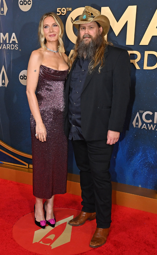 Morgan Stapleton and Chris Stapleton arrive at the CMA Awards 2025 red carpet