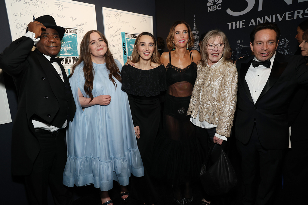 Tracy Morgan, Aidy Bryant, Chloe Fineman, Kristen Wiig, Jane Curtin and Chris Kattan at the SNL50: The Anniversary Special red carpet